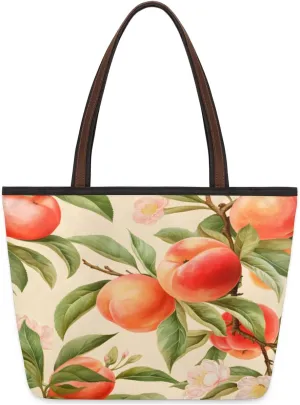 Fruit Peach Print Tote Bag with Zipper 15 Inch Canvas Tote Bag for Women Shoulder Handbag