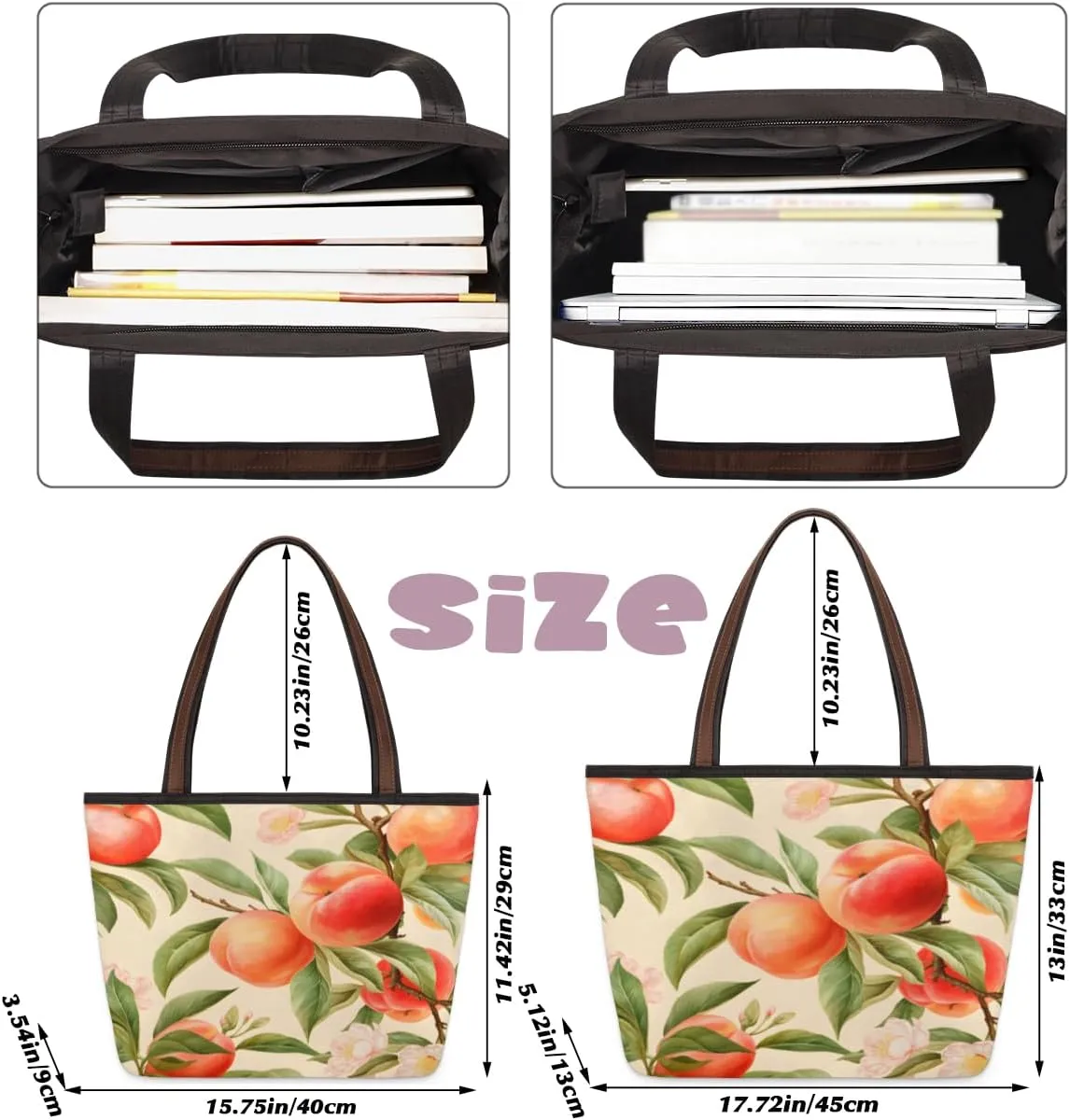 Fruit Peach Print Tote Bag with Zipper 15 Inch Canvas Tote Bag for Women Shoulder Handbag