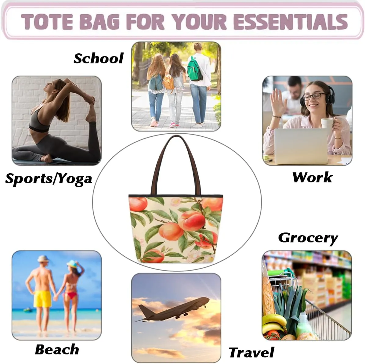 Fruit Peach Print Tote Bag with Zipper 15 Inch Canvas Tote Bag for Women Shoulder Handbag