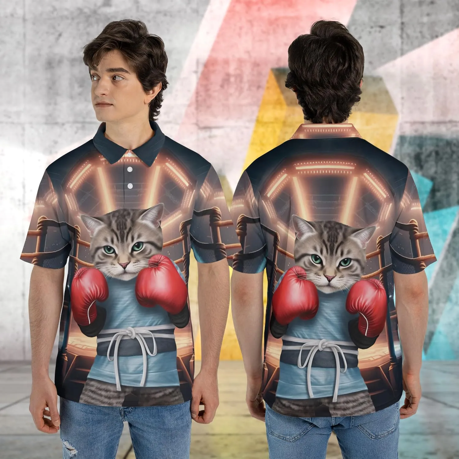 Funny Cat Polo Shirts for Men - Galaxy Cat Mens Quick Dry Short Sleeve Polo Shirts Series 28