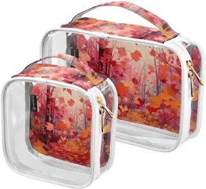 GAIGEO Fall Red Leaves Clear Carry on Toiletry Bag, Bag for Cosmetics, Toiletry Bag for Women Clear, 2 Pack
