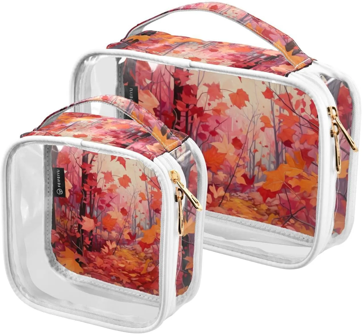 GAIGEO Fall Red Leaves Clear Carry on Toiletry Bag, Bag for Cosmetics, Toiletry Bag for Women Clear, 2 Pack