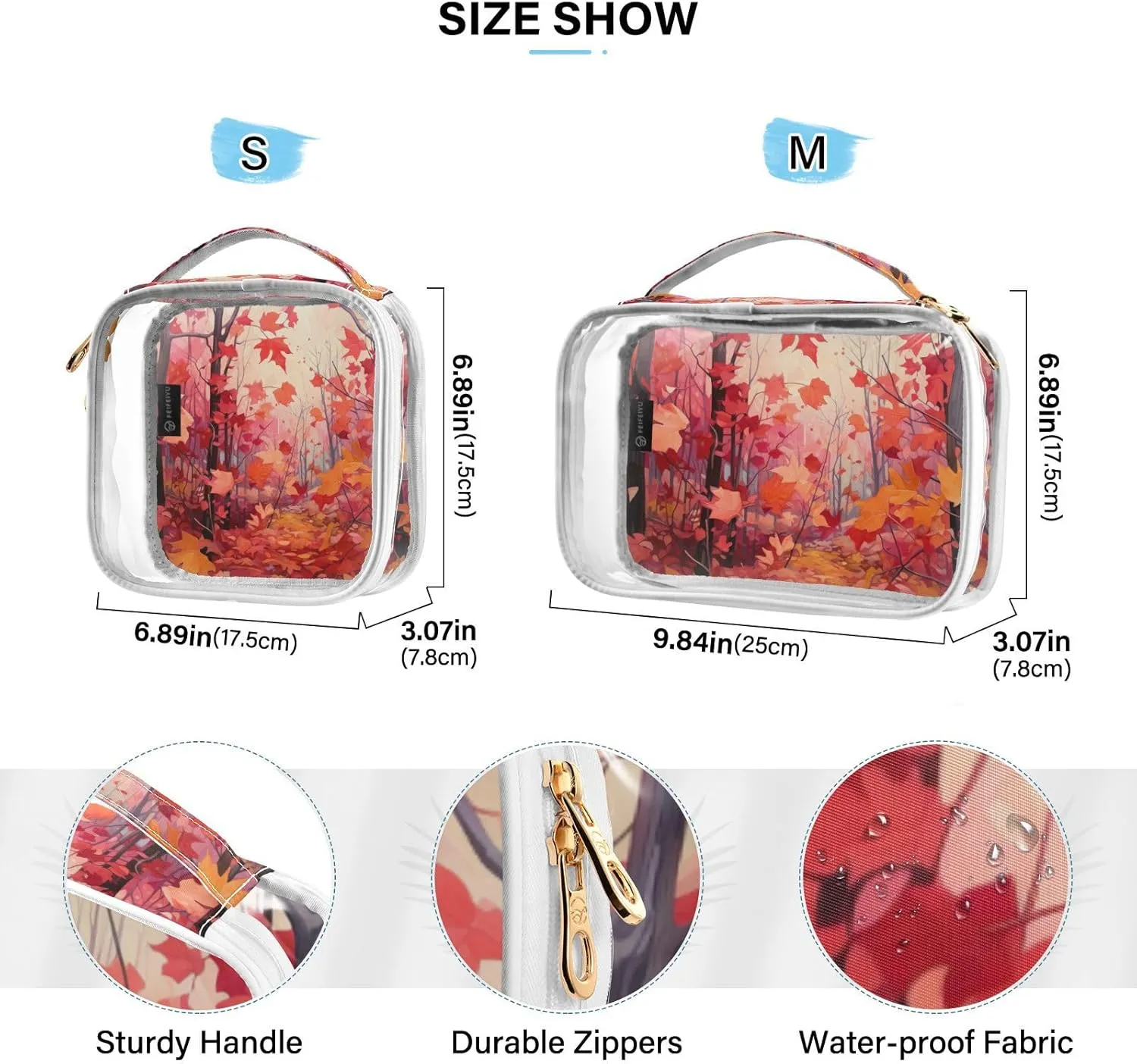 GAIGEO Fall Red Leaves Clear Carry on Toiletry Bag, Bag for Cosmetics, Toiletry Bag for Women Clear, 2 Pack