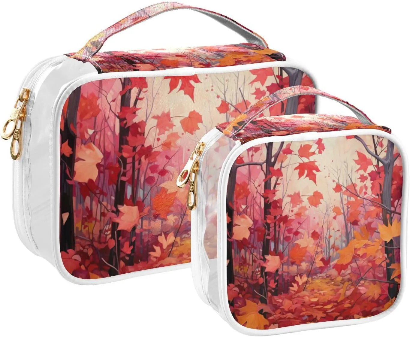 GAIGEO Fall Red Leaves Clear Carry on Toiletry Bag, Bag for Cosmetics, Toiletry Bag for Women Clear, 2 Pack