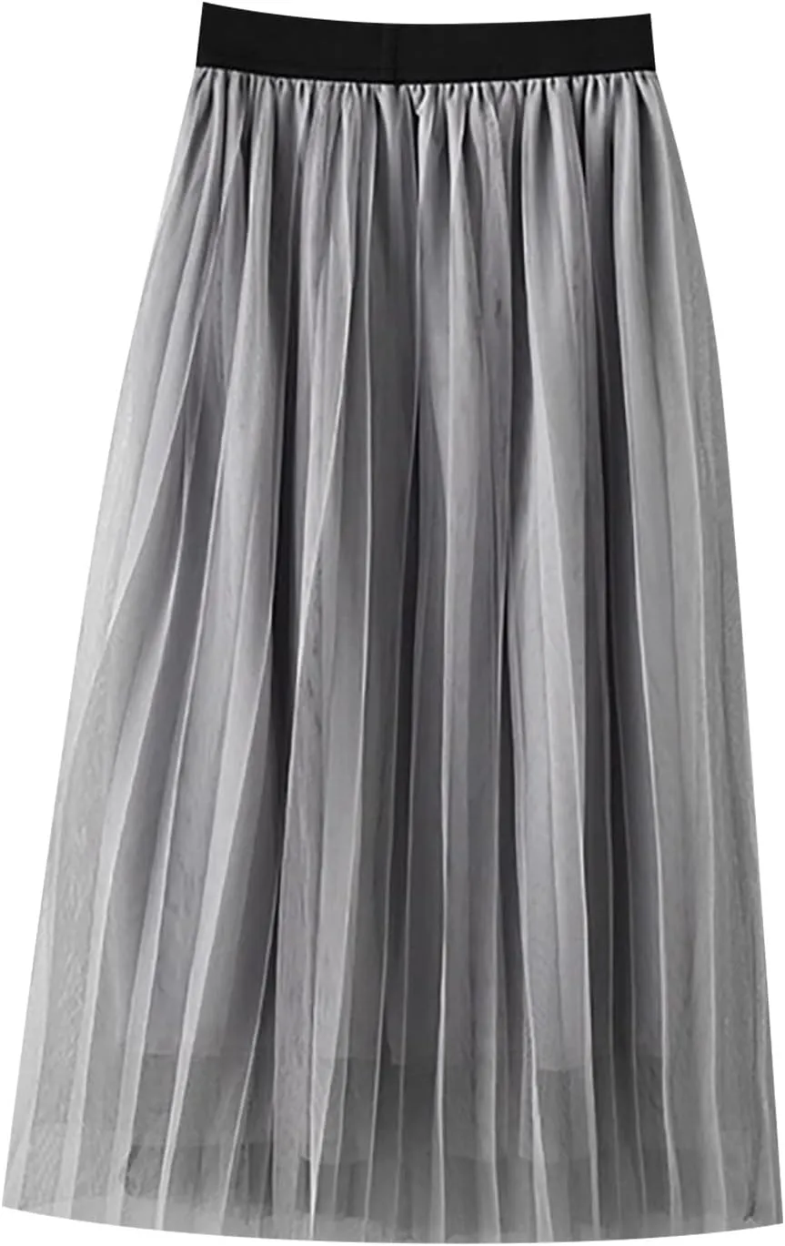 Girls Pleated Elastic High Waist A-Line Boho Swing Maxi Long Skirt Soft Solid Color Seersucker Princess Tutu Skirts