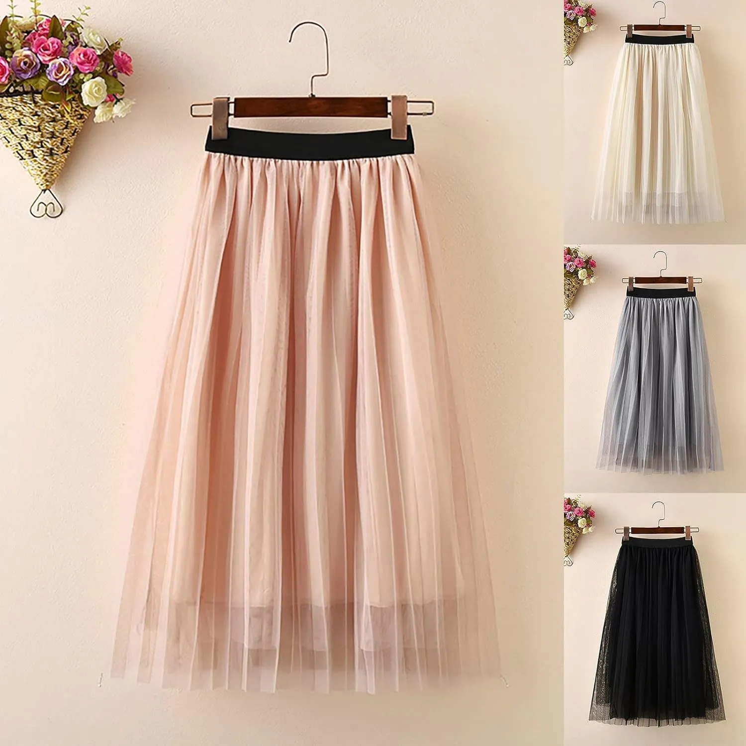 Girls Pleated Elastic High Waist A-Line Boho Swing Maxi Long Skirt Soft Solid Color Seersucker Princess Tutu Skirts