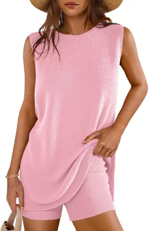 Glamaker Women's 2 Piece Short Sets Summer Lounge Sets Sweater Knit Beach Vacation Matching Sets Travel Outfits