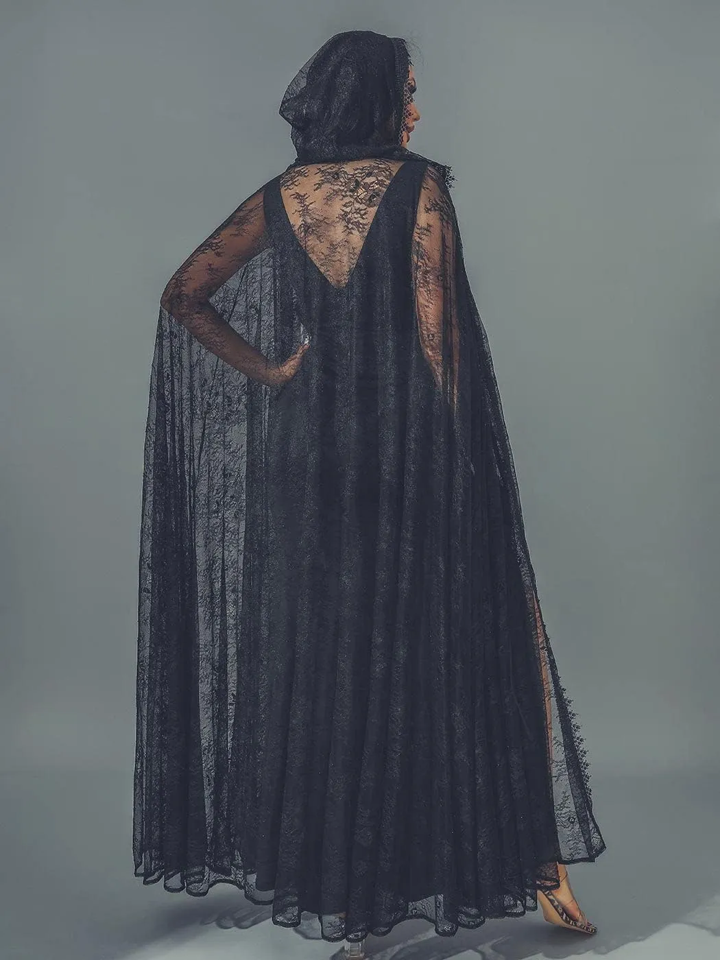 GORAIS Lace Hooded Cloak Long Womens Halloween Costumes Cape Full Length Sheer Cosplay Cloaks Robe