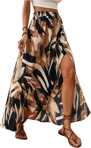 GORGLITTER Women's Boho Flowy Slit Hem Maxi Skirt Flower Print High Waist A Line Skirt Multicolor Large