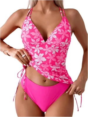 GORGLITTER Women's Floral Print Tankini Swimsuits Bow Tie High Waisted Bathing Suit Summer Beach Vacation Swim Wear