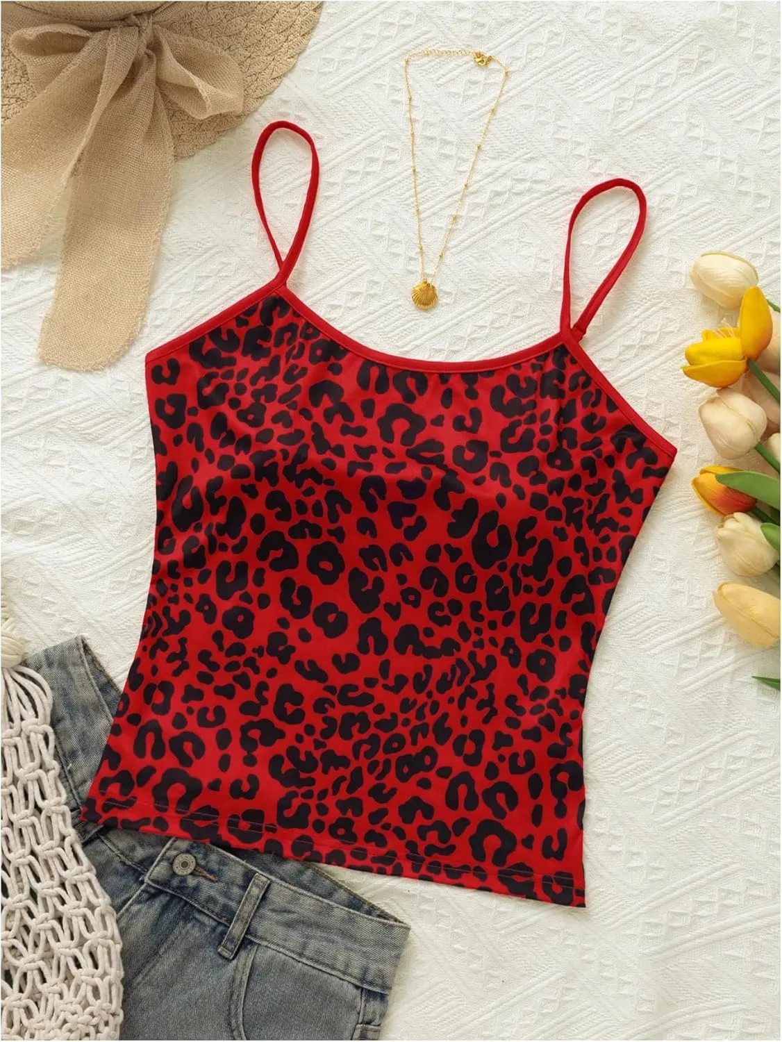 GORGLITTER Women's Y2k Leopard Crop Cami Top Spaghetti Strap Sleeveless Cheetah Camisole