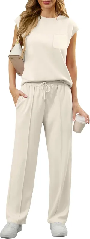 GRECERELLE 2 Piece Sets For Women Summer 2025 Outfits Lounge Sets Sleeveless Sweatsuits Wide Leg Tracksuits With Pockets
