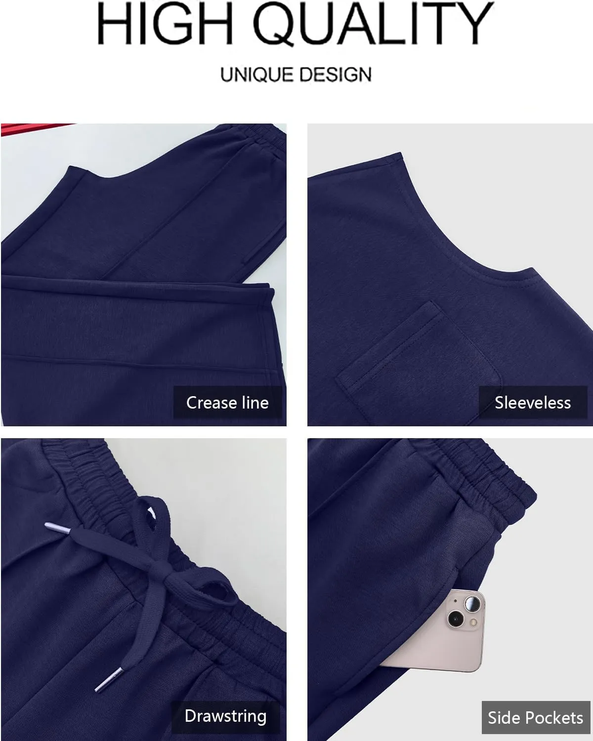 GRECERELLE 2 Piece Sets For Women Summer 2025 Outfits Lounge Sets Sleeveless Sweatsuits Wide Leg Tracksuits With Pockets
