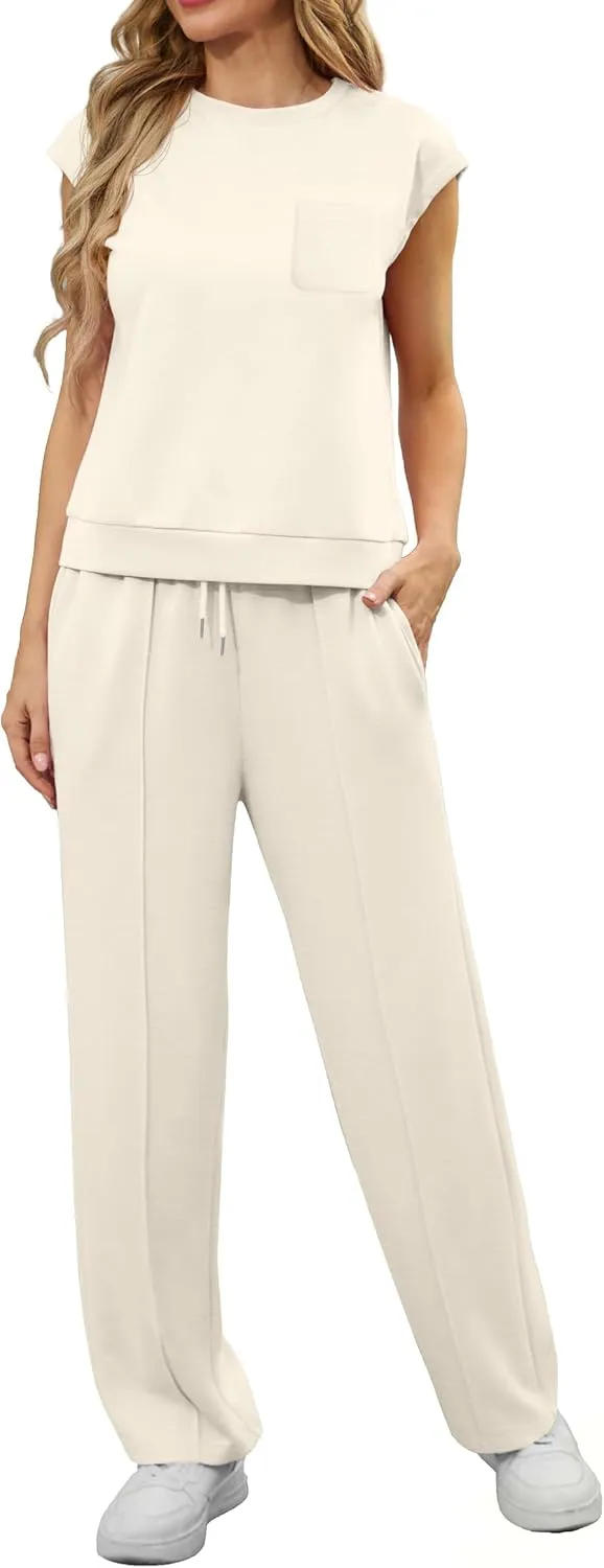 GRECERELLE 2 Piece Sets For Women Summer 2025 Outfits Lounge Sets Sleeveless Sweatsuits Wide Leg Tracksuits With Pockets
