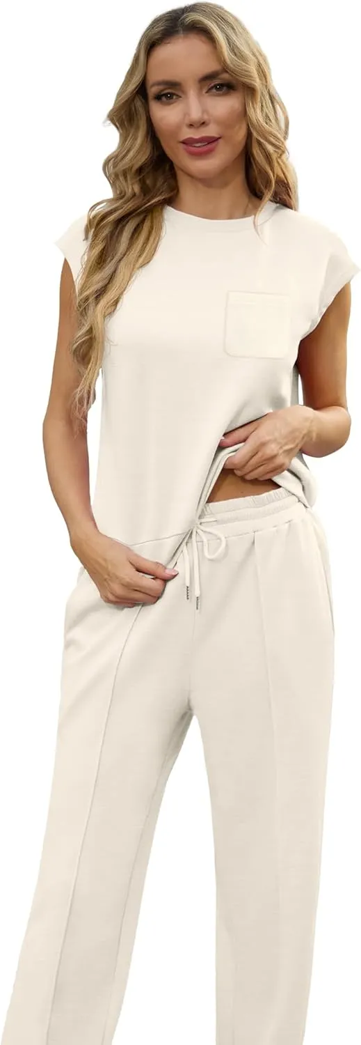 GRECERELLE 2 Piece Sets For Women Summer 2025 Outfits Lounge Sets Sleeveless Sweatsuits Wide Leg Tracksuits With Pockets