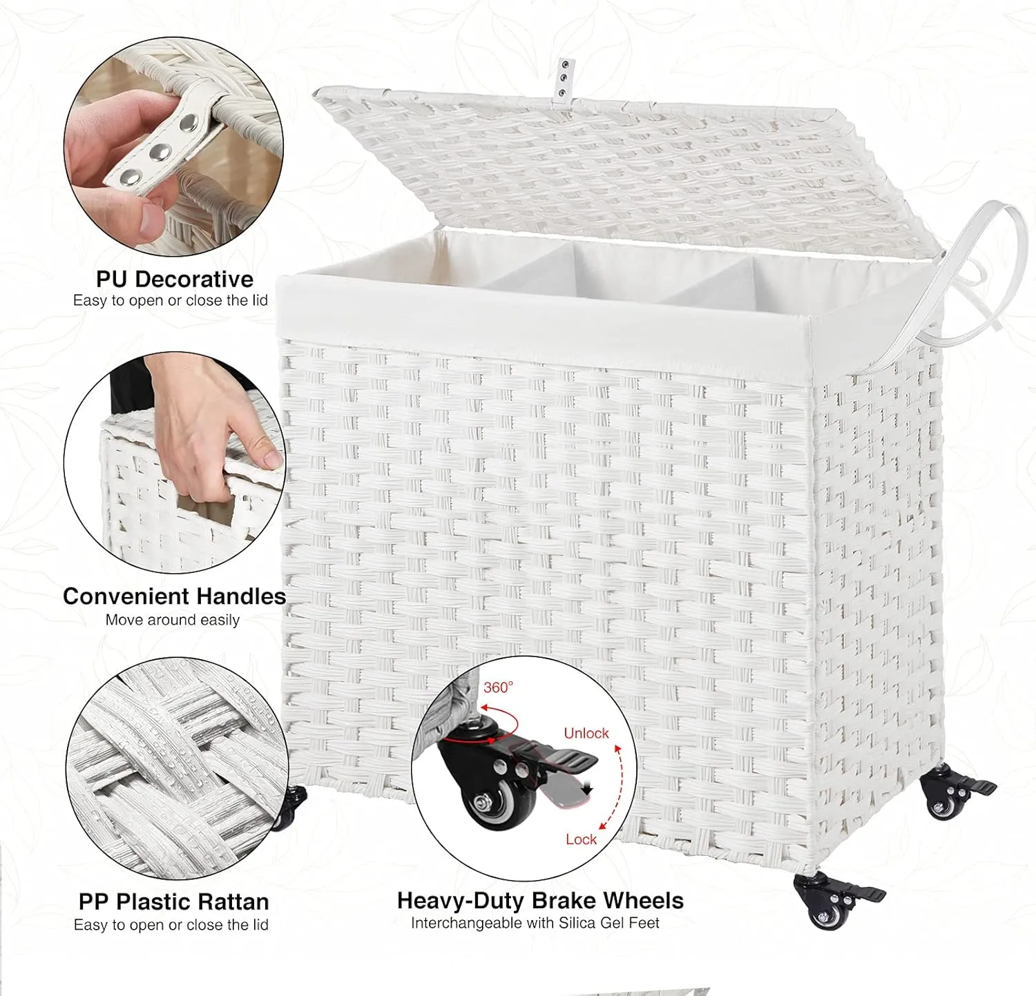 Greenstell Laundry Hamper with Wheels&Lid,130L Large 3 Sections Clothes Hamper with 2 Types Removable Liner Bags, 5 Mesh Laundry Bags, Handwoven Divided Laundry Basket White