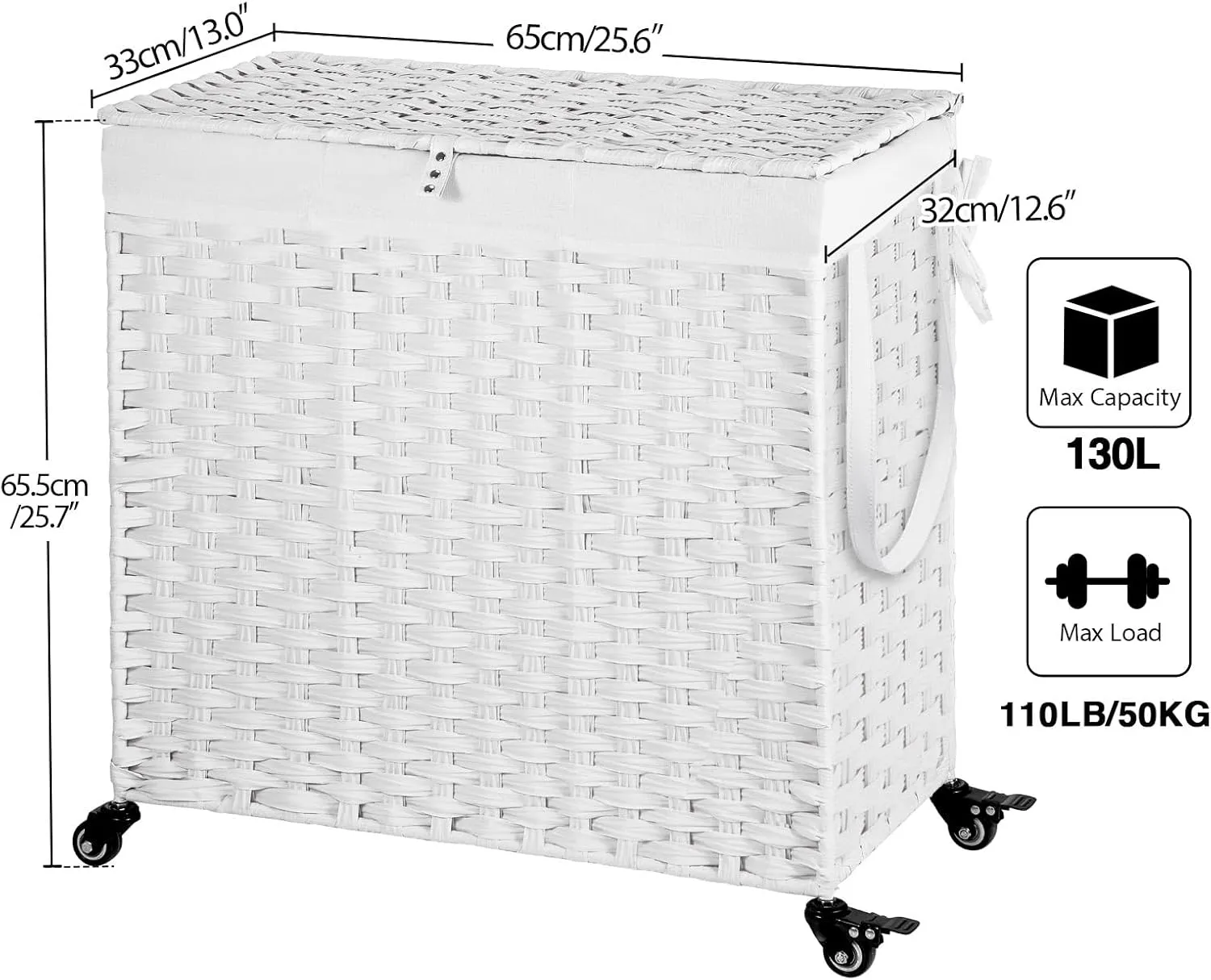 Greenstell Laundry Hamper with Wheels&Lid,130L Large 3 Sections Clothes Hamper with 2 Types Removable Liner Bags, 5 Mesh Laundry Bags, Handwoven Divided Laundry Basket White