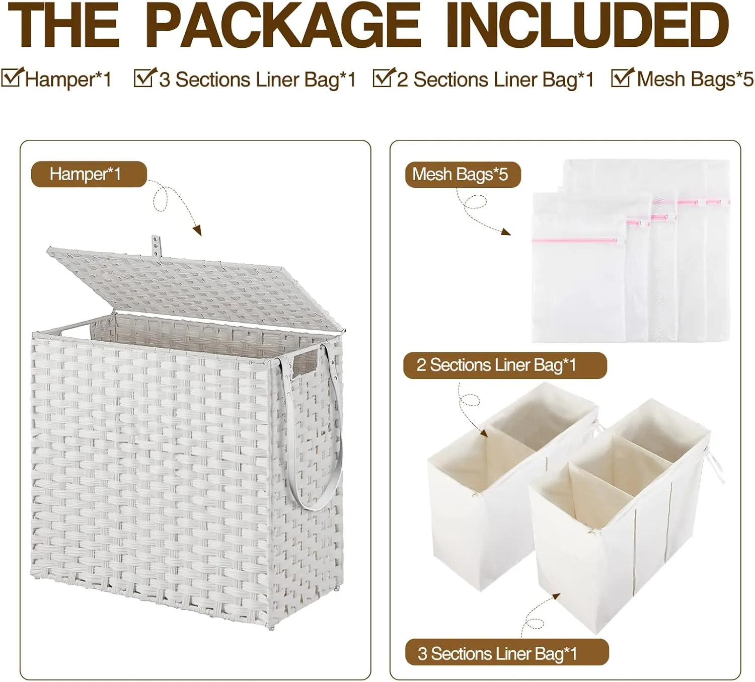 Greenstell Laundry Hamper with Wheels&Lid,130L Large 3 Sections Clothes Hamper with 2 Types Removable Liner Bags, 5 Mesh Laundry Bags, Handwoven Divided Laundry Basket White