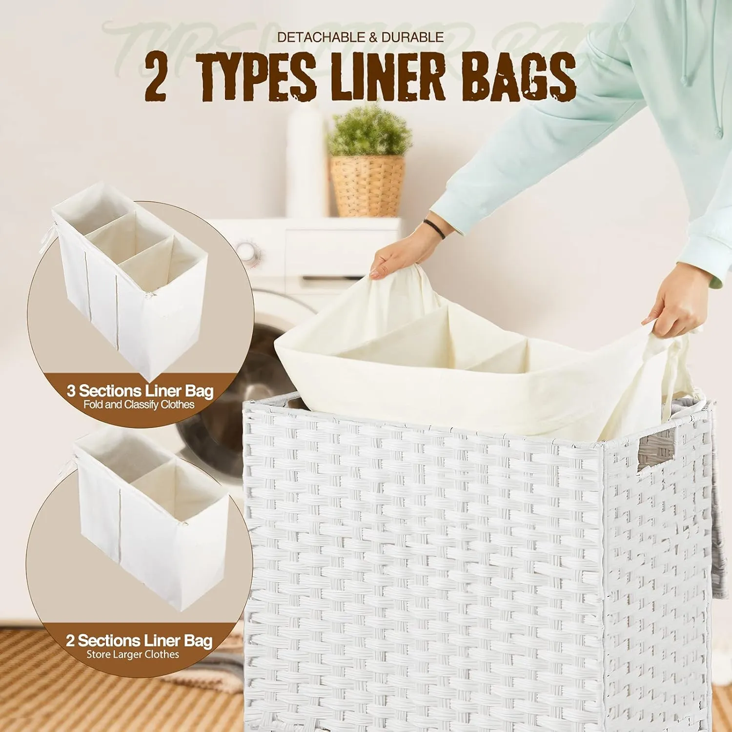 Greenstell Laundry Hamper with Wheels&Lid,130L Large 3 Sections Clothes Hamper with 2 Types Removable Liner Bags, 5 Mesh Laundry Bags, Handwoven Divided Laundry Basket White