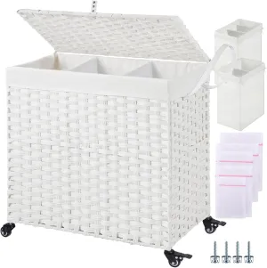 Greenstell Laundry Hamper with Wheels&Lid,130L Large 3 Sections Clothes Hamper with 2 Types Removable Liner Bags, 5 Mesh Laundry Bags, Handwoven Divided Laundry Basket White