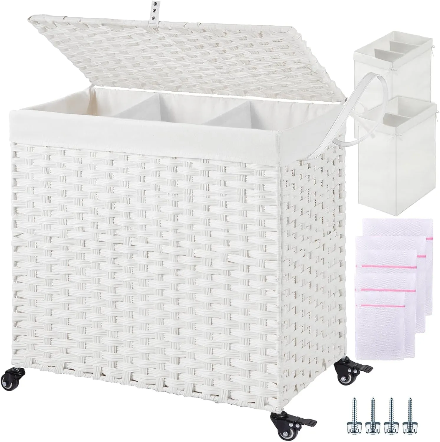 Greenstell Laundry Hamper with Wheels&Lid,130L Large 3 Sections Clothes Hamper with 2 Types Removable Liner Bags, 5 Mesh Laundry Bags, Handwoven Divided Laundry Basket White