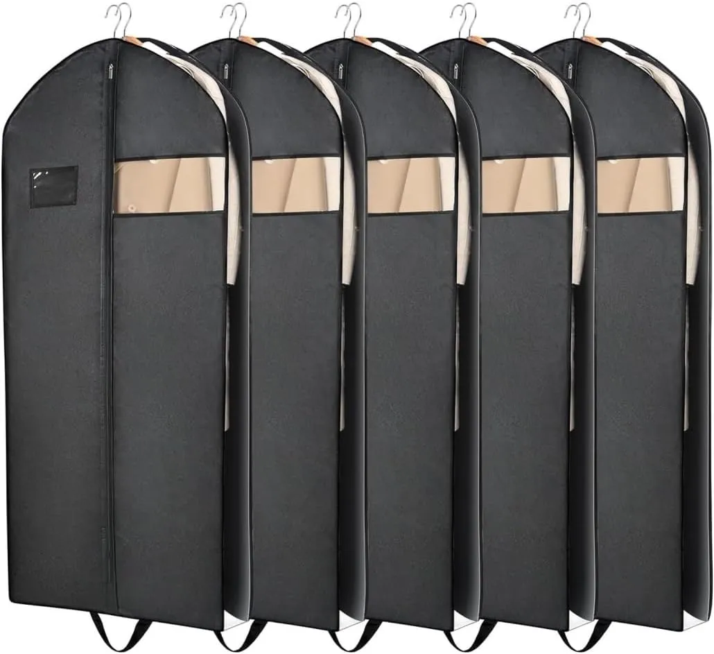 Habrur Clothes Cover 60"" Garment Bags For Travel 5 Pack Long Dress Bags For Hanging Clothes Suit Bags, Black
