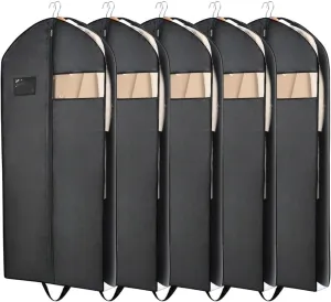 Habrur Clothes Cover 60"" Garment Bags For Travel 5 Pack Long Dress Bags For Hanging Clothes Suit Bags, Black