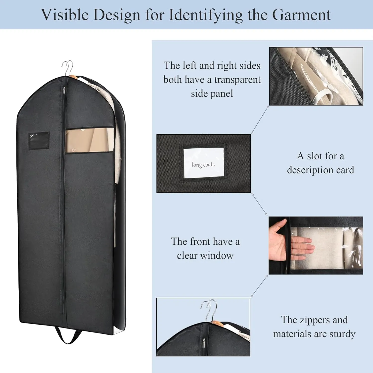 Habrur Clothes Cover 60"" Garment Bags For Travel 5 Pack Long Dress Bags For Hanging Clothes Suit Bags, Black