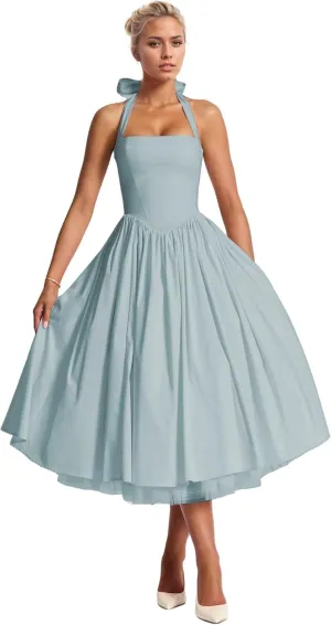 Halter Satin Prom Dress with Pockets Aline Midi Formal Wedding Guest Dresses Drop Waist Flowy Ball Gowns