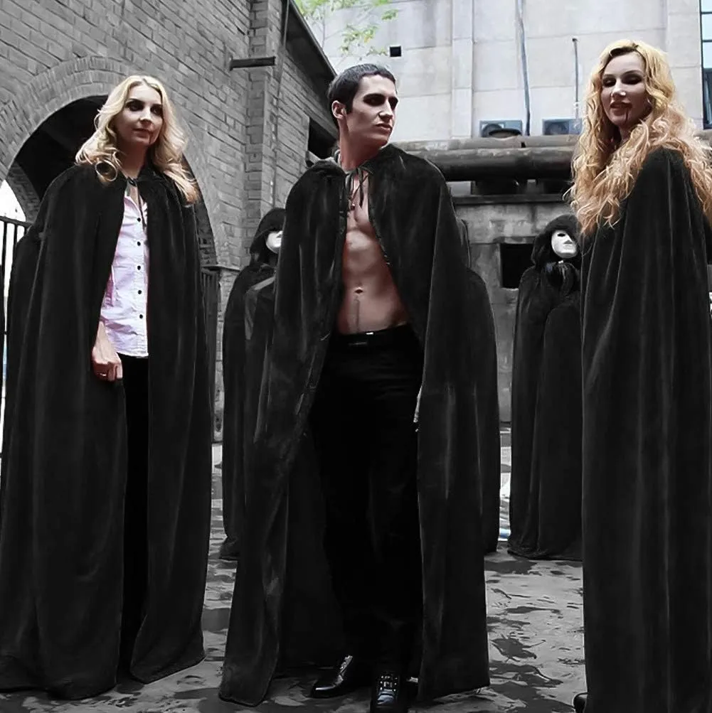 HAOZAIKEJI Unisex Halloween Hooded Cloak Full Length Velvet Cloak Witch Wizard Costume Cape Themed Party Cosplay Hooded Robe