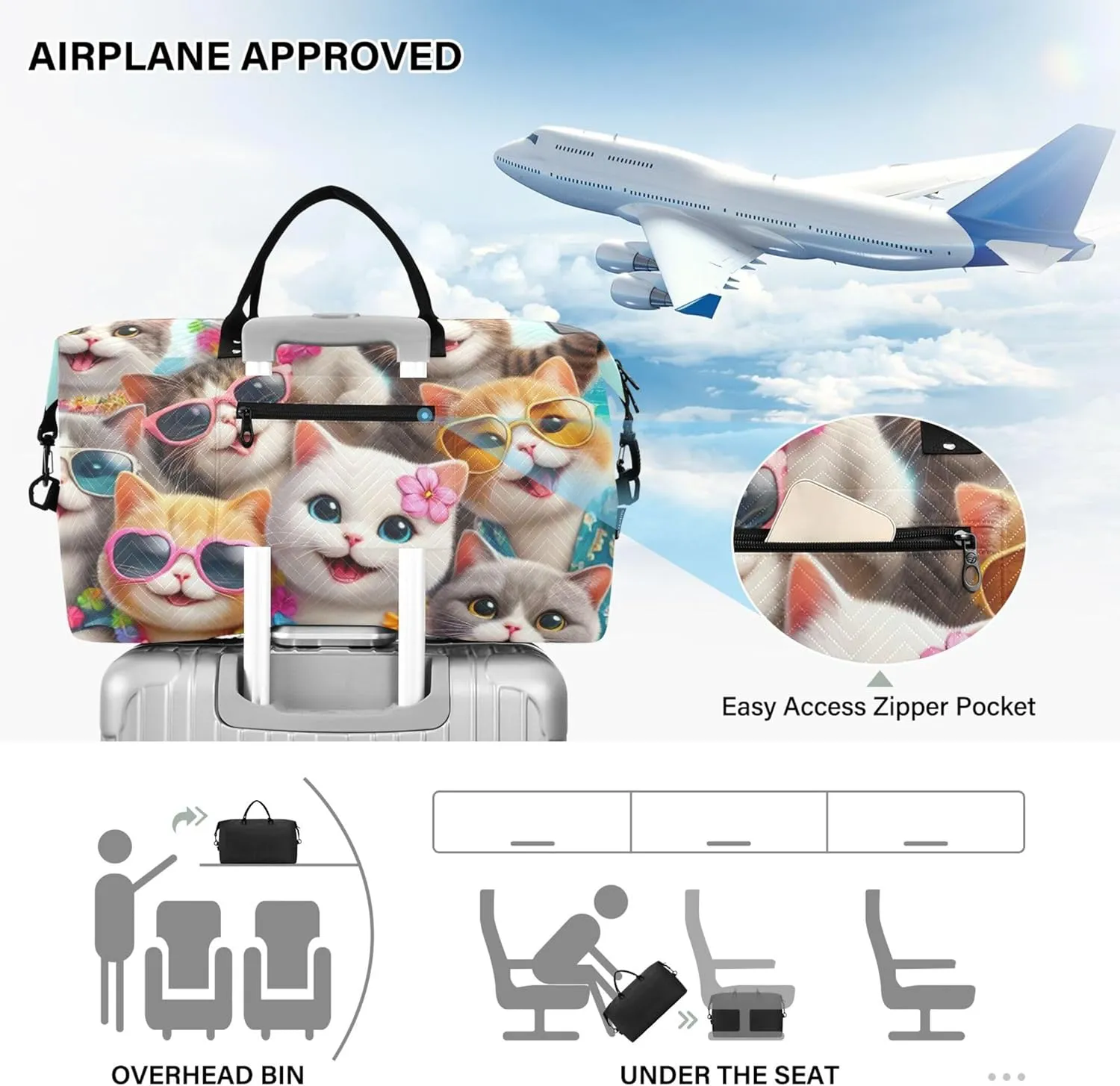 Happy Animals Cute Cats Travel Duffel Bags Cosmetic Bags Set of 2, Floral Womens Gym Tote Overnight Bags