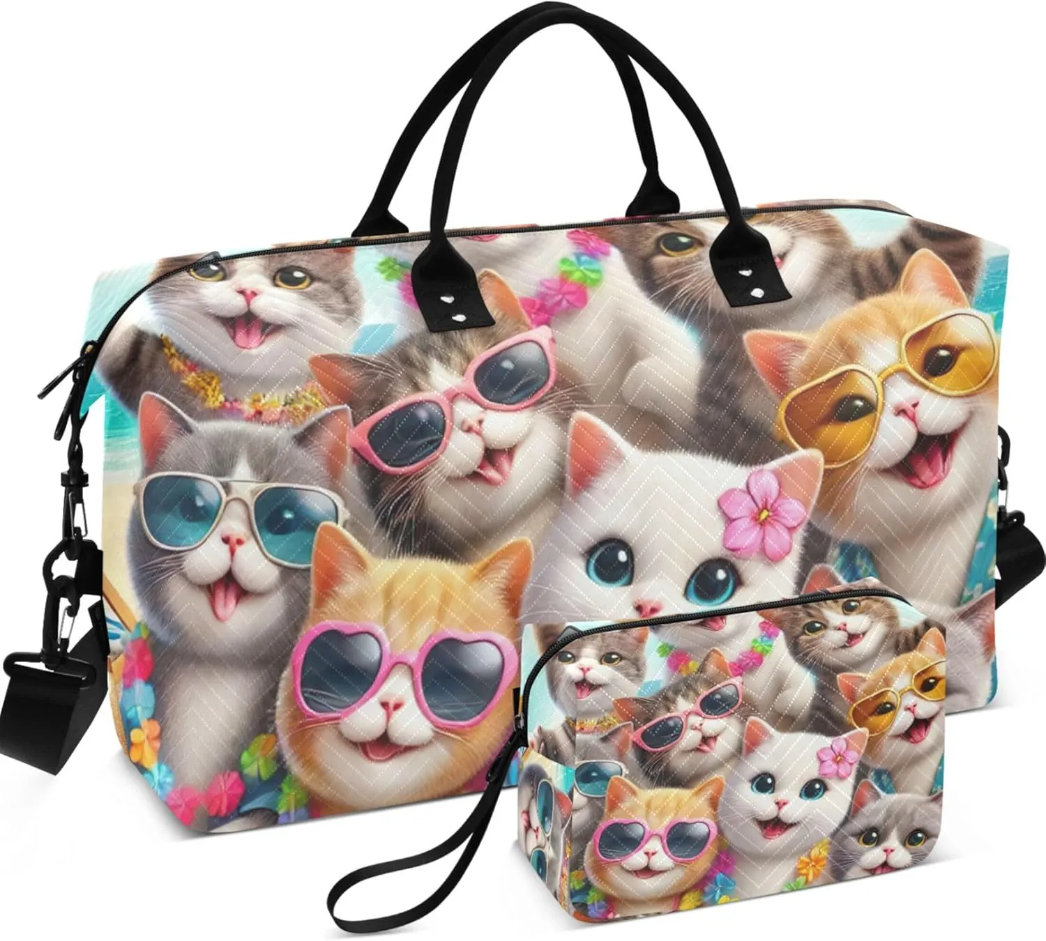 Happy Animals Cute Cats Travel Duffel Bags Cosmetic Bags Set of 2, Floral Womens Gym Tote Overnight Bags