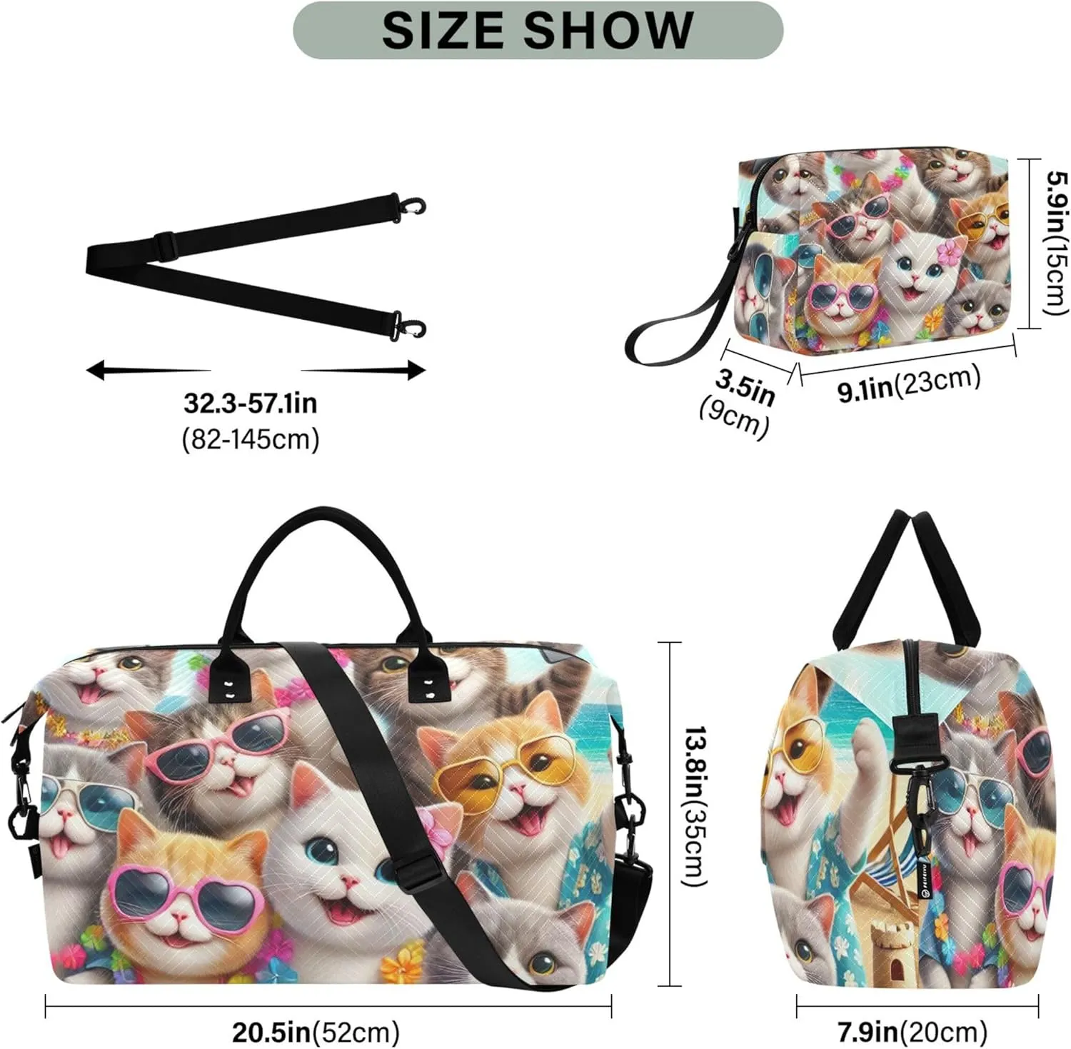 Happy Animals Cute Cats Travel Duffel Bags Cosmetic Bags Set of 2, Floral Womens Gym Tote Overnight Bags