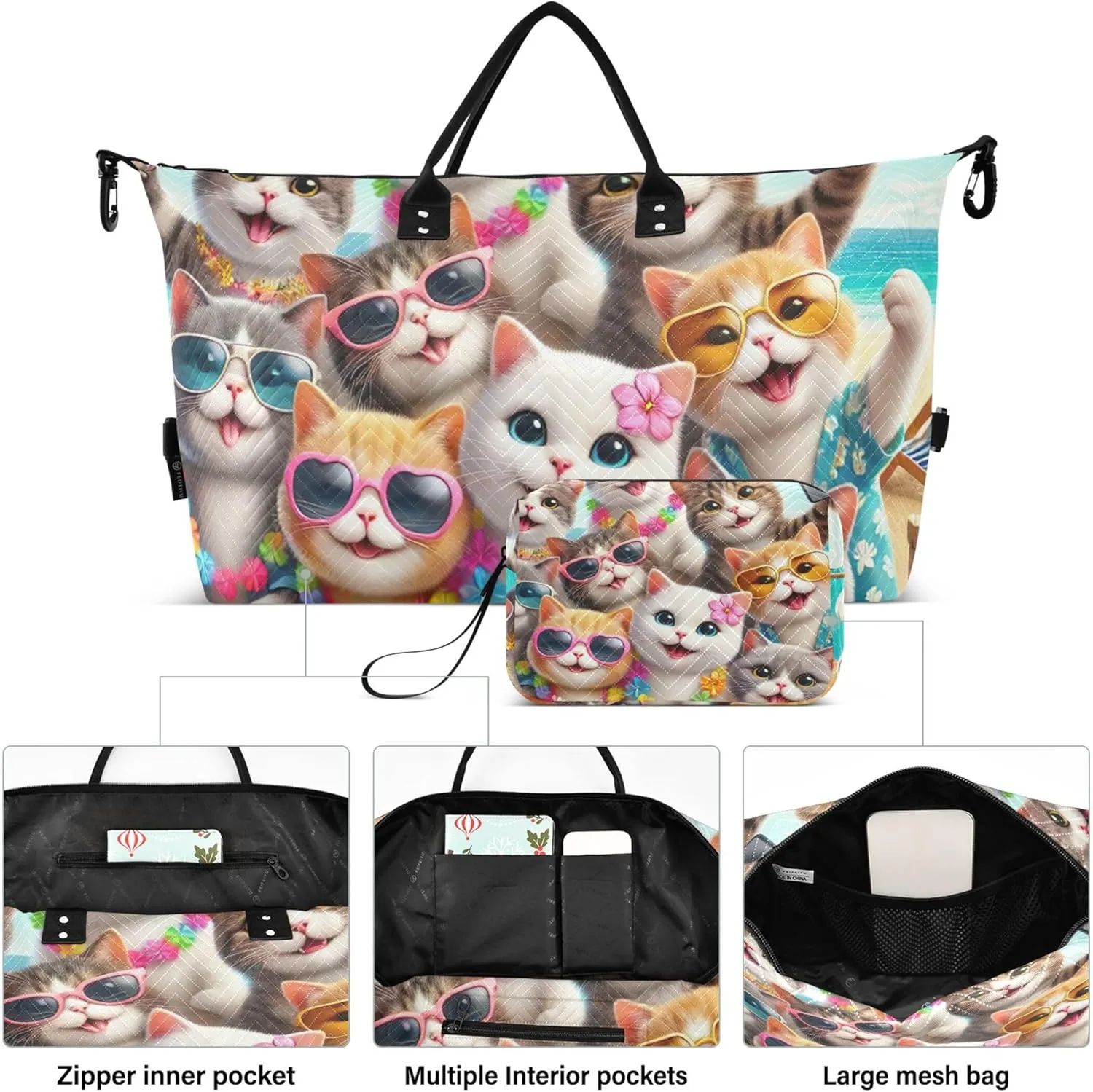 Happy Animals Cute Cats Travel Duffel Bags Cosmetic Bags Set of 2, Floral Womens Gym Tote Overnight Bags