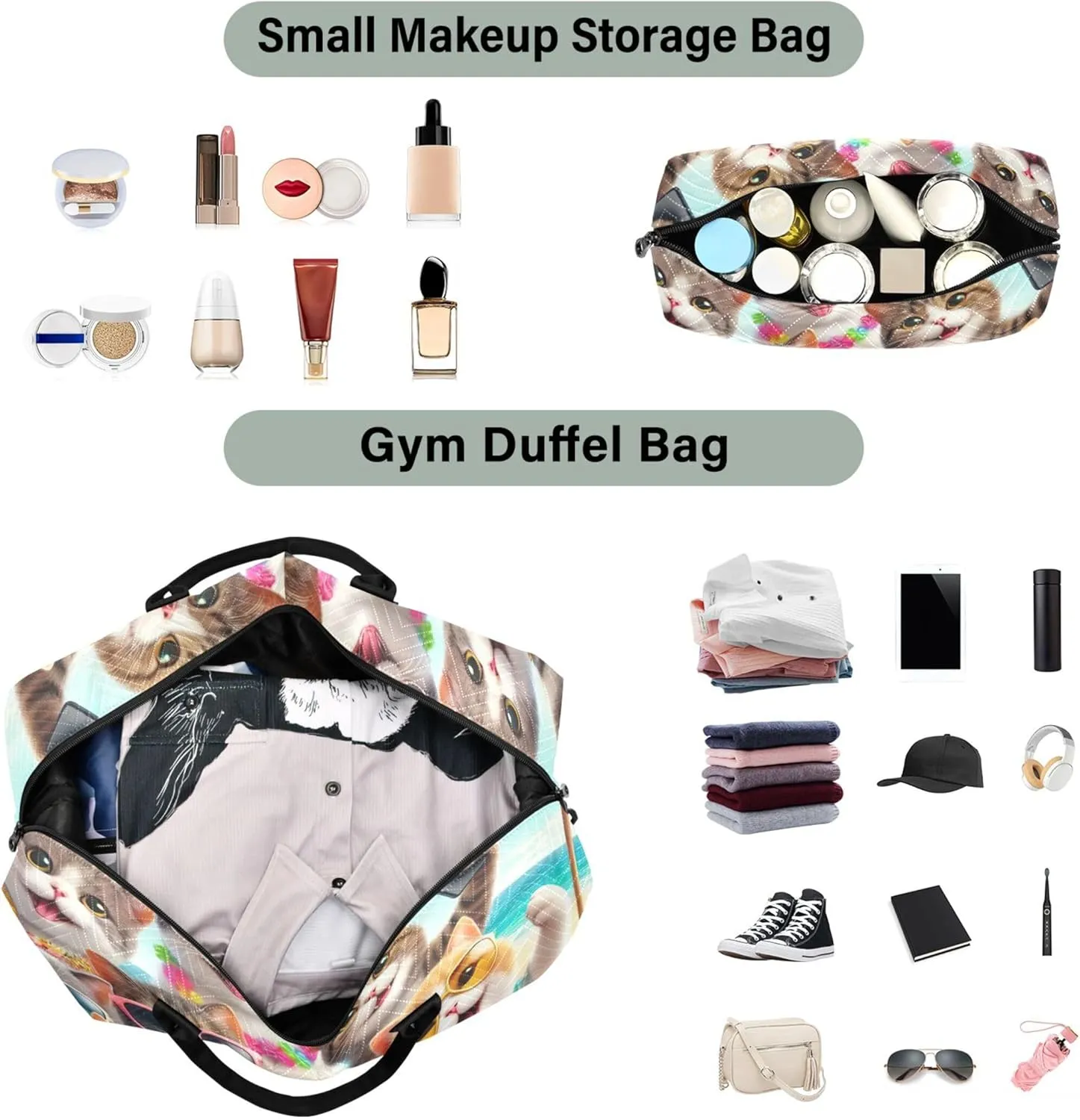 Happy Animals Cute Cats Travel Duffel Bags Cosmetic Bags Set of 2, Floral Womens Gym Tote Overnight Bags