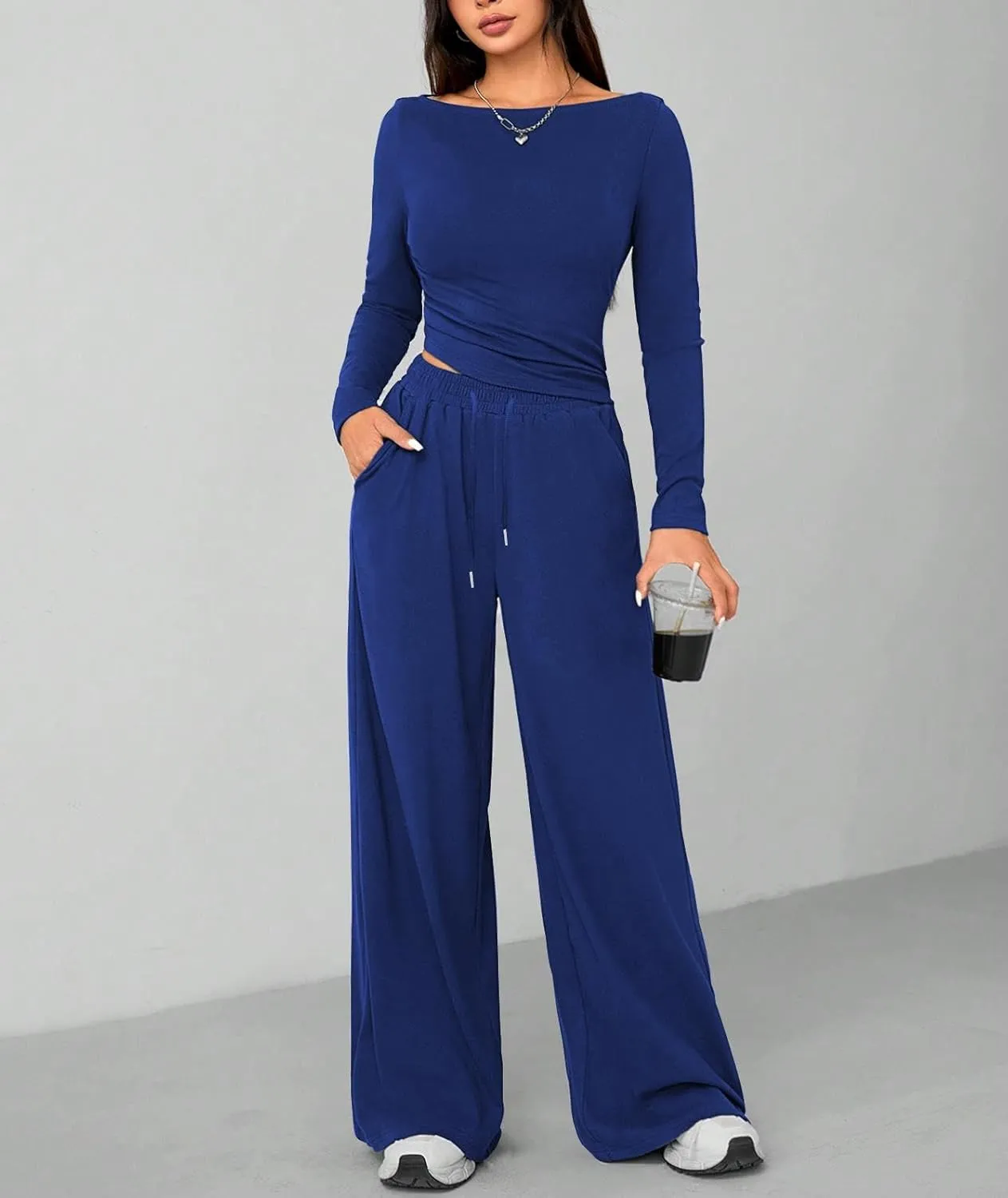 HBQ Women's 2 Piece Lounge Sets Asymmetrical Long Sleeve T Shirt Wide Leg Pants Casual Outfits Tracksuit