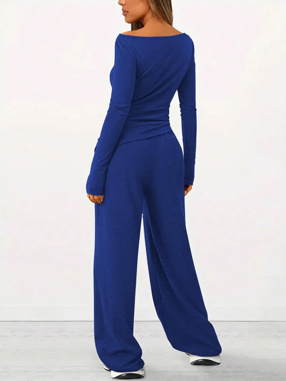 HBQ Women's 2 Piece Lounge Sets Asymmetrical Long Sleeve T Shirt Wide Leg Pants Casual Outfits Tracksuit