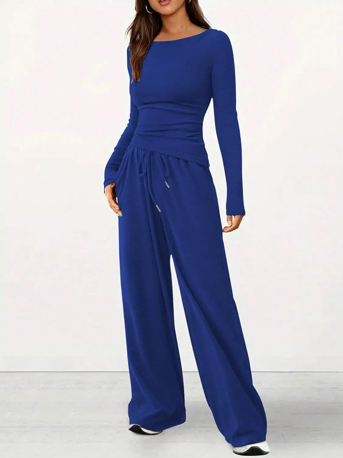 HBQ Women's 2 Piece Lounge Sets Asymmetrical Long Sleeve T Shirt Wide Leg Pants Casual Outfits Tracksuit