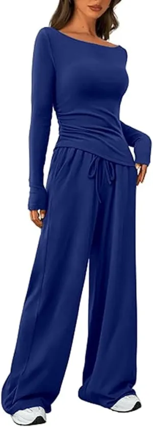 HBQ Women's 2 Piece Lounge Sets Asymmetrical Long Sleeve T Shirt Wide Leg Pants Casual Outfits Tracksuit