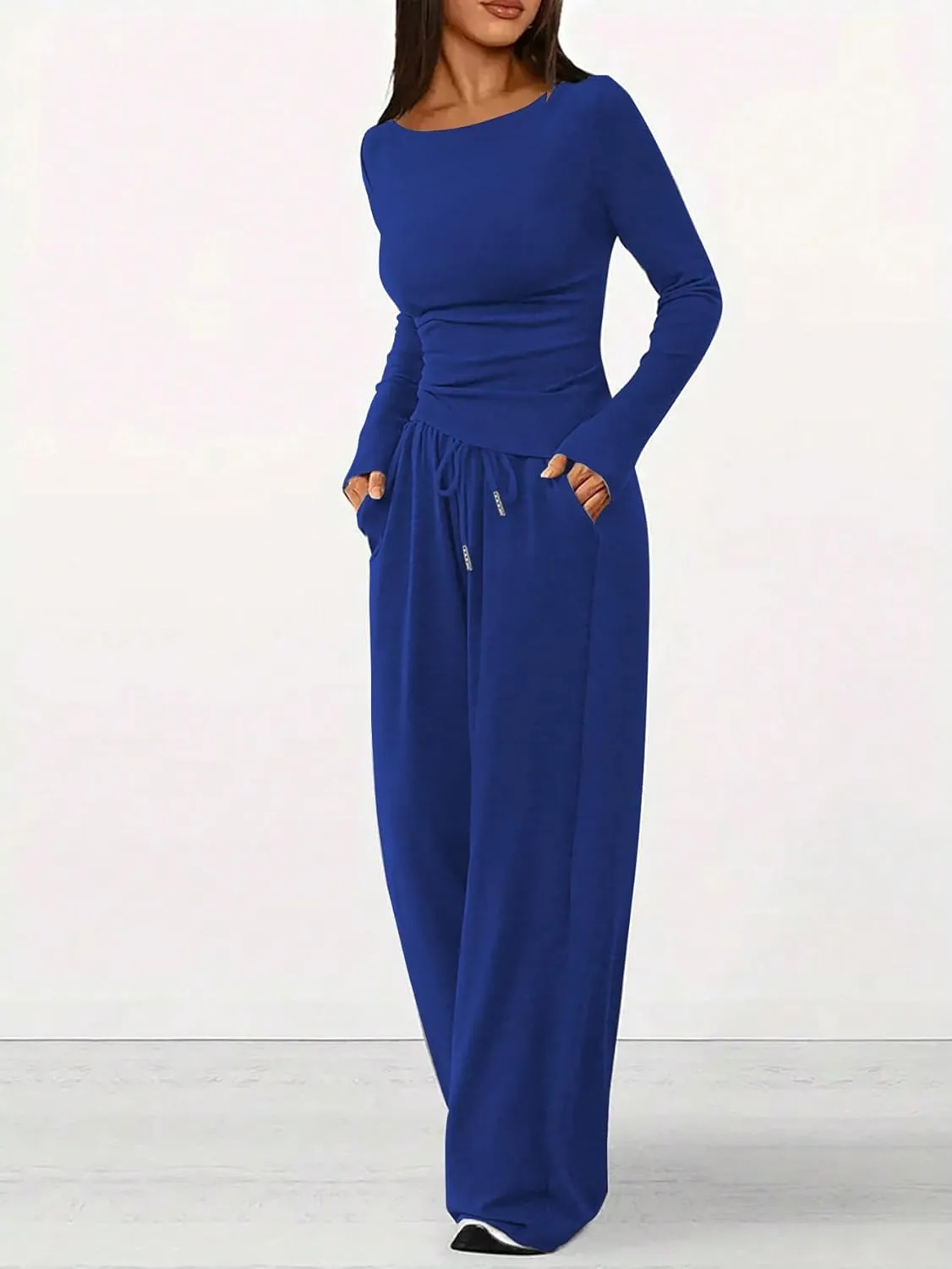 HBQ Women's 2 Piece Lounge Sets Asymmetrical Long Sleeve T Shirt Wide Leg Pants Casual Outfits Tracksuit