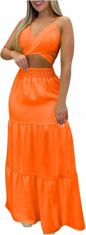 HGps8w Womens 2 Piece Outfits Sexy V Neck Crop Cami Top and High Waisted Tiered Maxi Skirt Elegant Swing Beach Dress Sets
