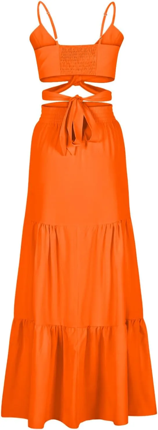 HGps8w Womens 2 Piece Outfits Sexy V Neck Crop Cami Top and High Waisted Tiered Maxi Skirt Elegant Swing Beach Dress Sets