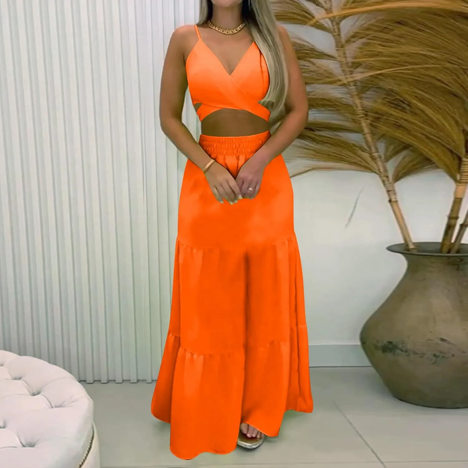 HGps8w Womens 2 Piece Outfits Sexy V Neck Crop Cami Top and High Waisted Tiered Maxi Skirt Elegant Swing Beach Dress Sets