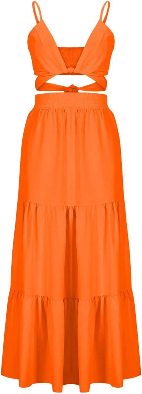 HGps8w Womens 2 Piece Outfits Sexy V Neck Crop Cami Top and High Waisted Tiered Maxi Skirt Elegant Swing Beach Dress Sets