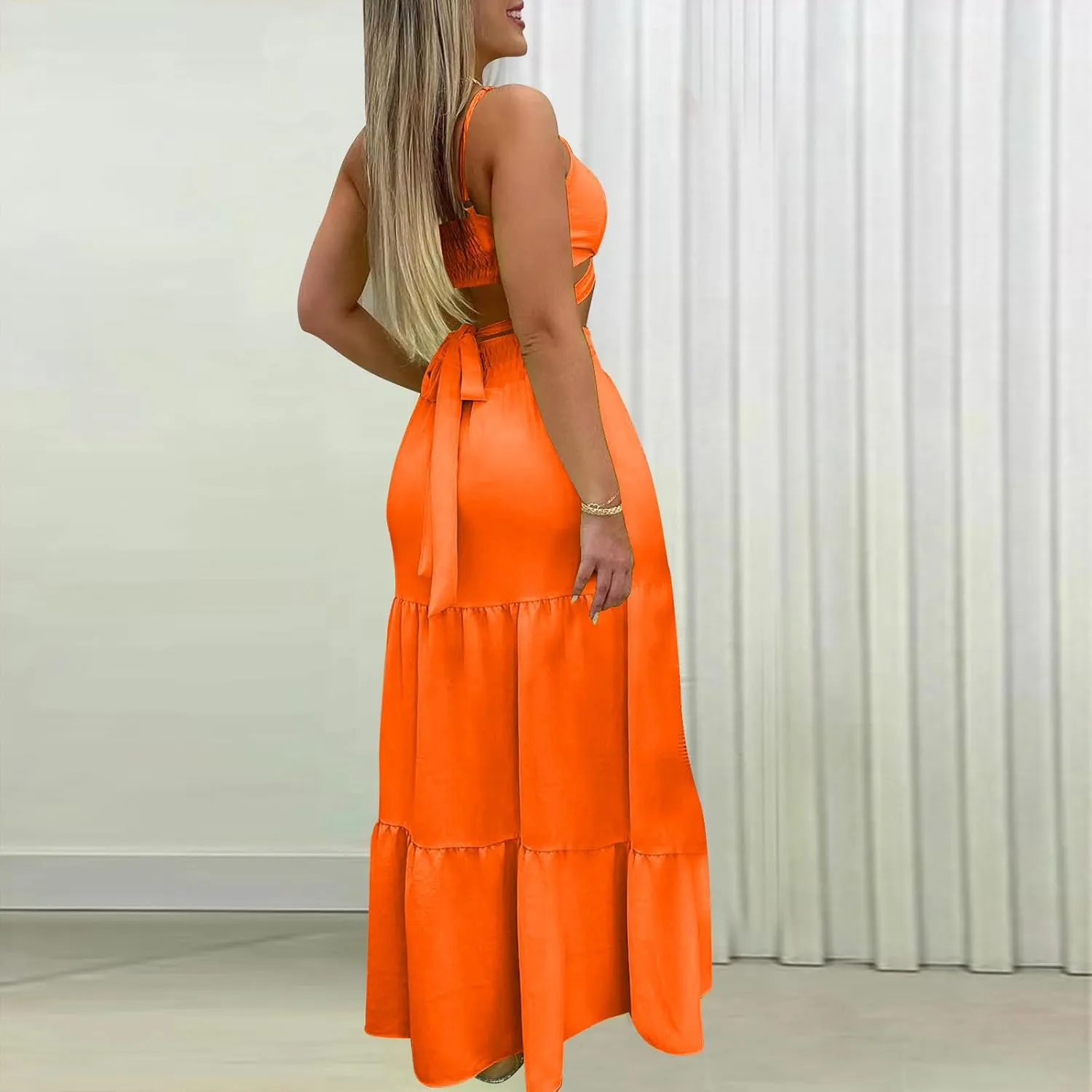 HGps8w Womens 2 Piece Outfits Sexy V Neck Crop Cami Top and High Waisted Tiered Maxi Skirt Elegant Swing Beach Dress Sets