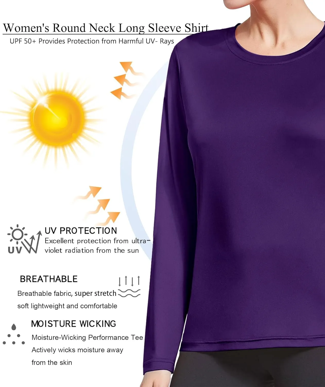 HIBETY 3 Pack Women's UPF 50  Sun Protection Shirts, Workout Gym Long Sleeve Shirts, Quick Dry Tops