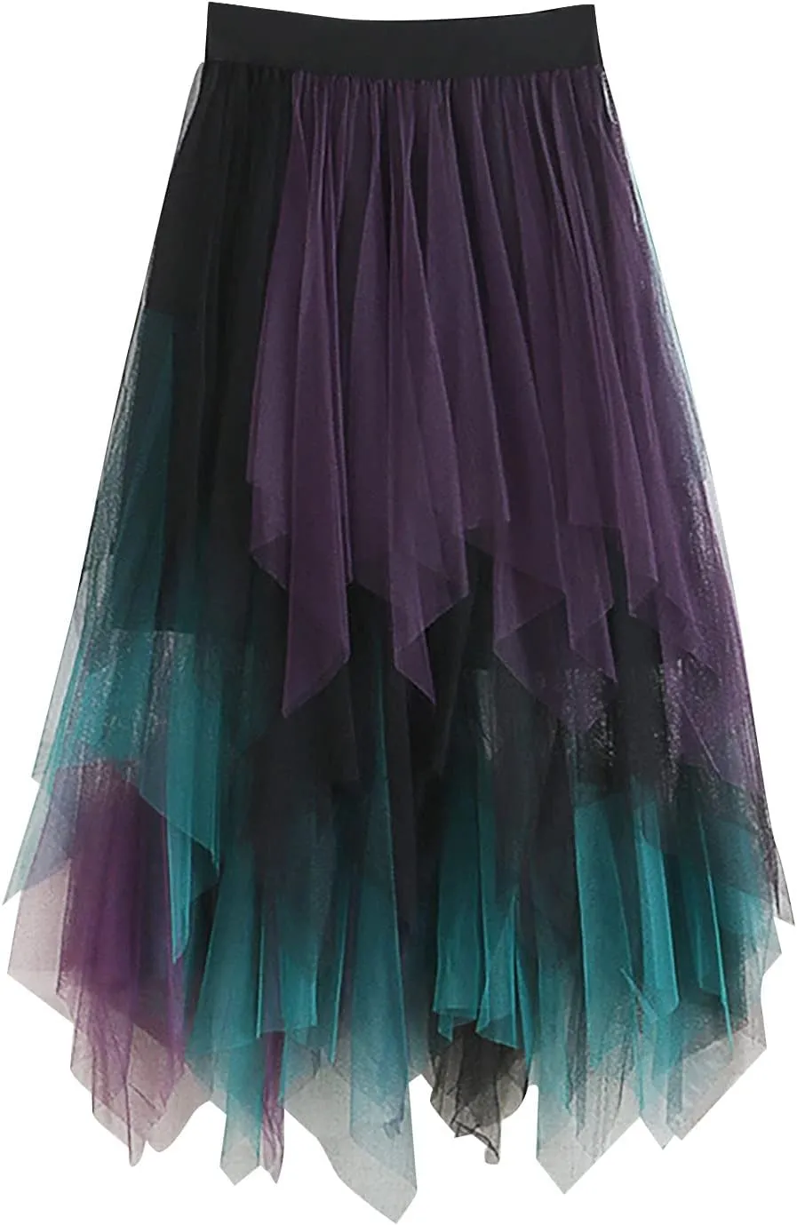 High Low Tulle Skirt Women Mesh Layered Pleated Fairy Dress Asymmetrical A-Line Midi Skirt Plus Size Y2K Witch Skirt