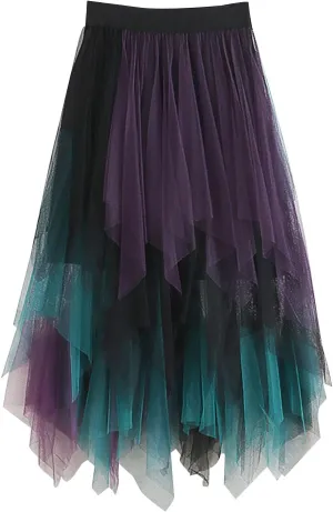 High Low Tulle Skirt Women Mesh Layered Pleated Fairy Dress Asymmetrical A-Line Midi Skirt Plus Size Y2K Witch Skirt