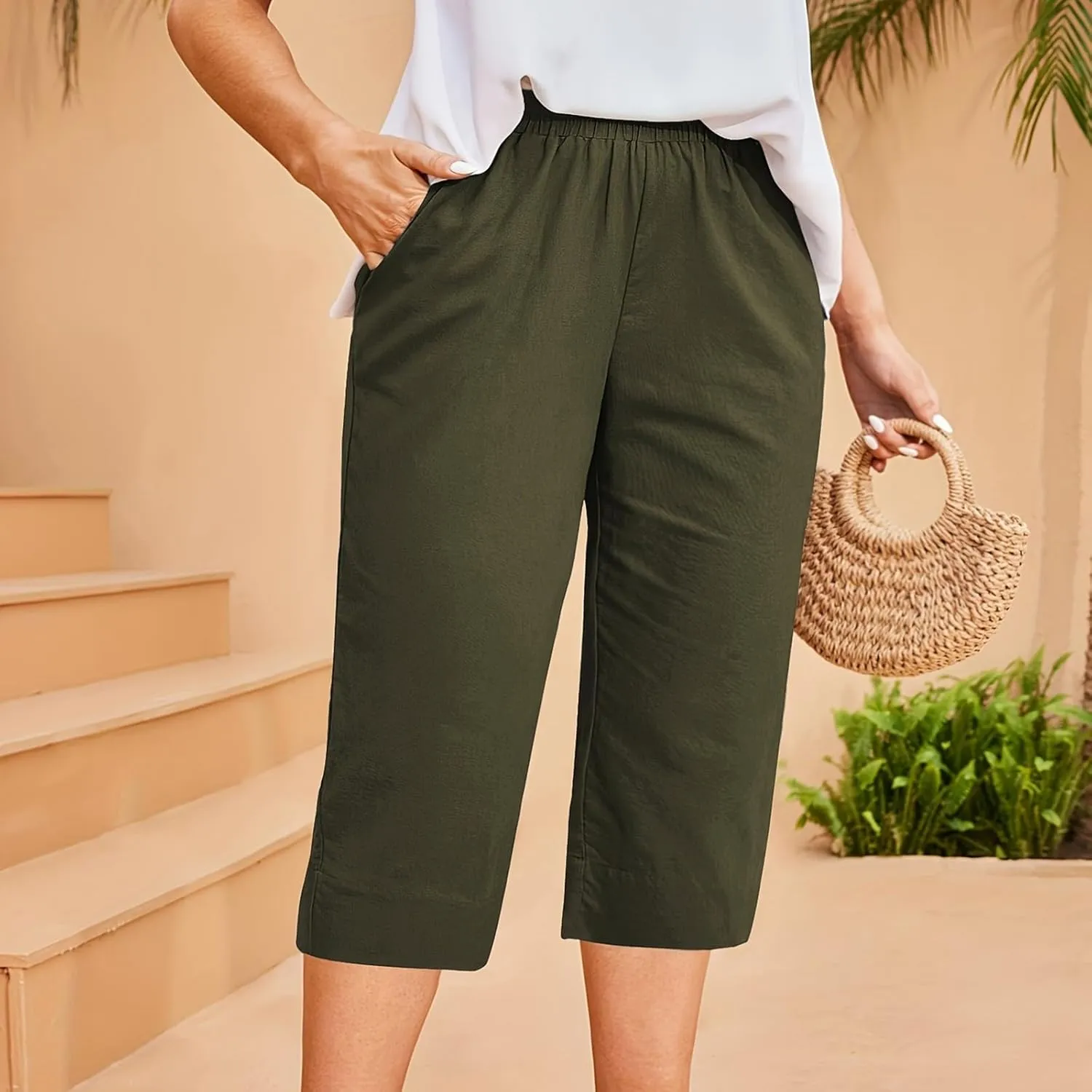 High Waisted Cotton Linen Capri Pants Women - Plus Size High Rise Breathable Trousers with Pocket for Summer Beach