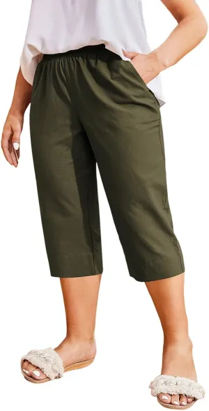 High Waisted Cotton Linen Capri Pants Women - Plus Size High Rise Breathable Trousers with Pocket for Summer Beach